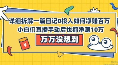 详细拆解一篇日记0投入如何净赚百万，小白们直接手动后也都净赚10万【限时免费】